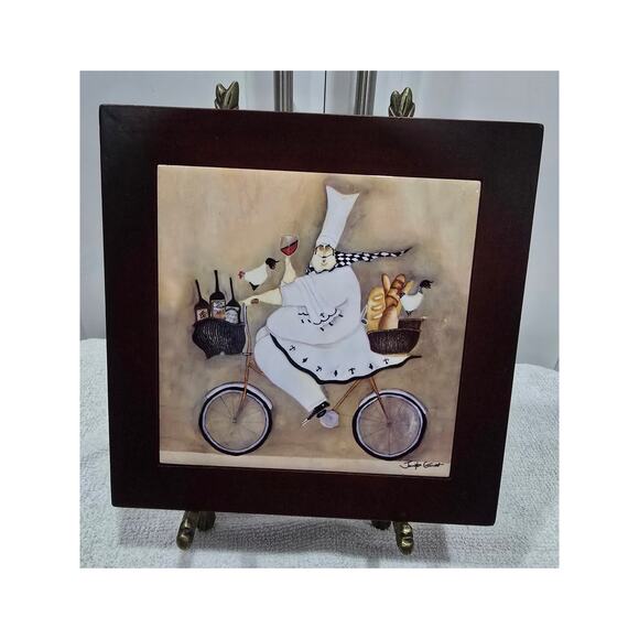 Jennifer Garant “Fat Chef on Bicycle” Framed Ceramic Tile – (2 Feet Missing) - Picture 10 of 10